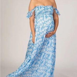 Blue floral flutter sleeve maternity dress